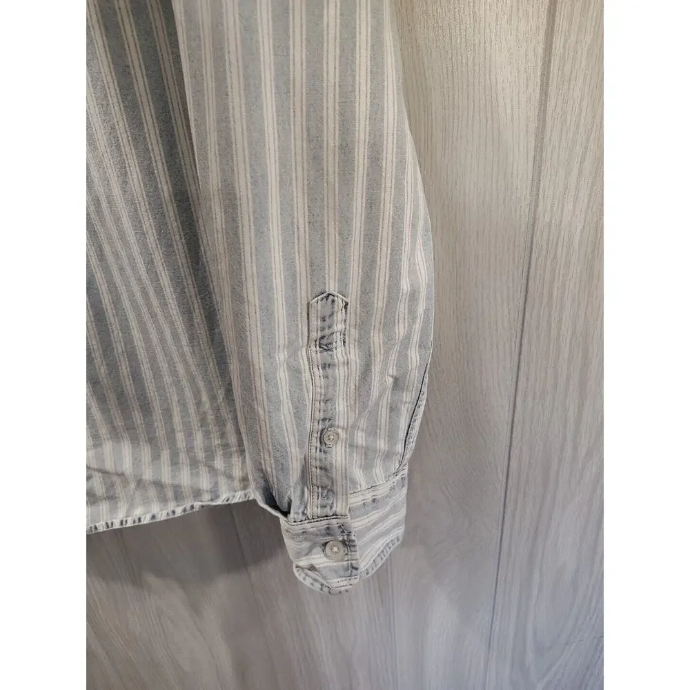 American Eagle Shirt Denim Blue White Stripes Long Sleeve Cotton Men's Size L